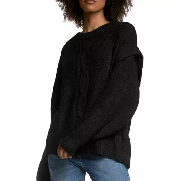 Elan Black Ruffle Drop Shoulder Long Sleeve Cable Knit Sweater Size Medium - Picture 8 of 8